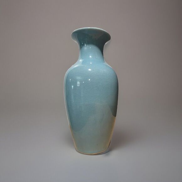 Antique Awaji Pottery Japanese Vase Turquoise Glaze Green Bamboo 9in Porcelain - Picture 3 of 5
